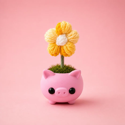 Pink Pig Crochet Flower Pot - vista frontal